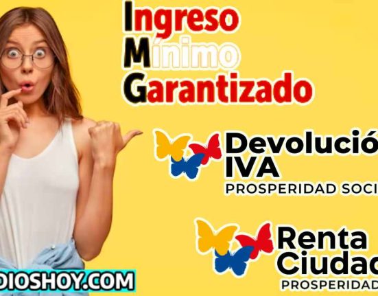 Mujer asombrada apuntando a los logos de 3 programas sociales, devolucion del iva, renta ciudadana, imgreso minimo garantizado. abajoa a la izquierda el logo de subsidioshoy.com