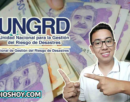lider social Wintor ABC señalando el logo de UNGRD, abajo el logo de subsidioshoy.com y de fondo varios billetes denominacion de $50 mil pesos y $20 mil pesos colombianos