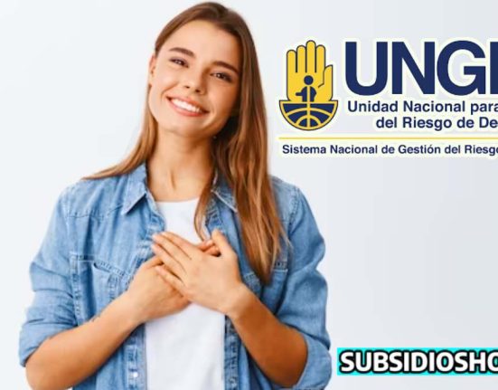 mujer joven con ambas manos en el pecho en sinonimo de solidaridad , a su lado el logo del UNGRD, y abajo el logo de subsidioshoy.com