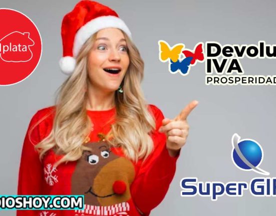 mujer joven estilo navideño sorprendida apunta con su mano izquierda al logo de la devolucion del iva, al lado izquierdo de la imagen el logo de daviplata y abajo el de subsidioshoy.com. asi como el logo de superGIROS al otro costado de la imagen