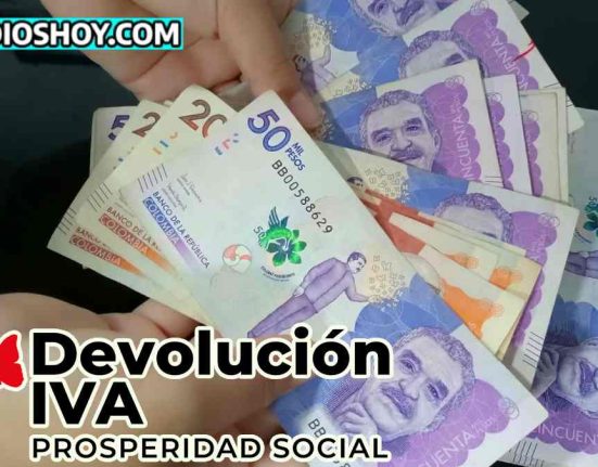 dos manos sujetando billetes colombianos denominados entre 50mil pesos y se van dos de 20 mil pesos, arriba a la izquierda el logo de subsidioshoy.com, abajo el logo de la devolucion del iva