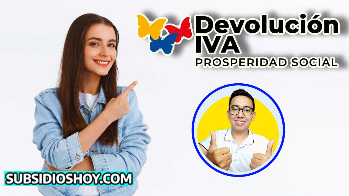 Wintor ABC informa: ¡Consulta Tu Devolución del IVA Hoy! 1 mujer joven señalando el logo de la devolucion del iva- abajo esta el logo de wintor ABC, al lado inferior izquierdo de la imagen el logo de subsidiohoy.com
