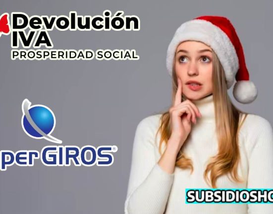 mujer con gorro navideño penando y observando el logo de la devolucion del iva, abajo el logo de superGIROS y a la derecha inferior de la imagen el logo de subsidioshoy.com