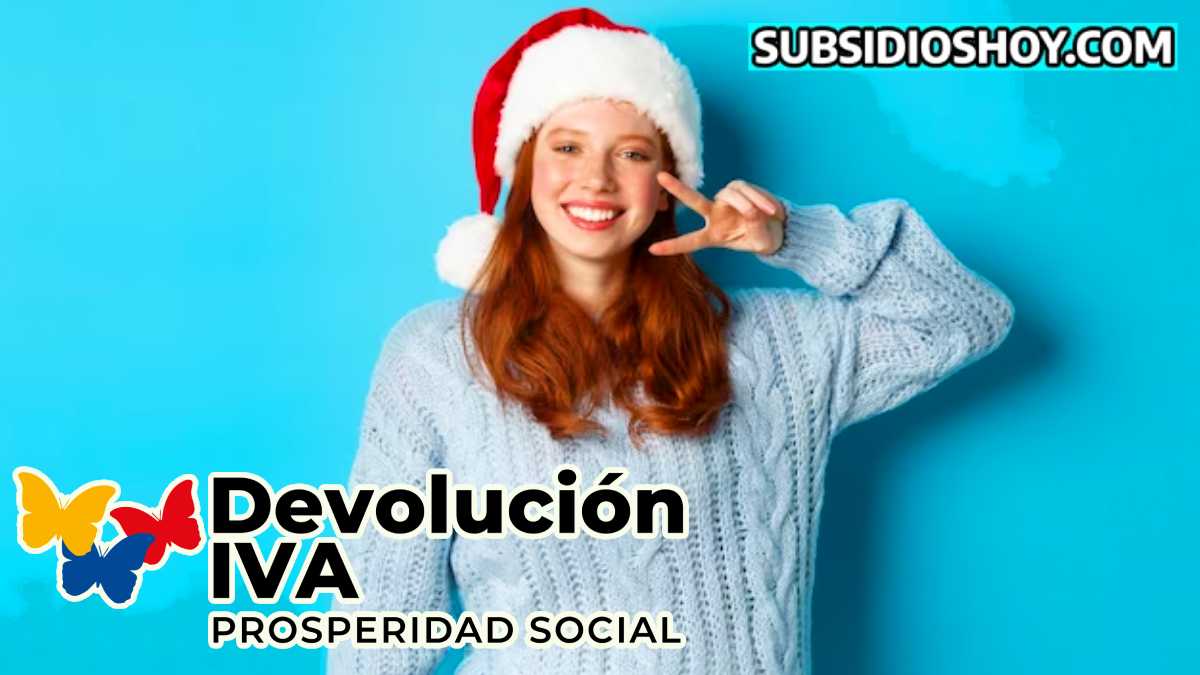 Consulta Rápida: ¿Calificas para el Subsidio de SuperGIROS? Entérate Aquí, vía Wintor ABC. 1 mujer joven con gorro navideño, en el lado direcho de la imagen el logo de subsidioshoy.com-y abajo a la izquierda el logo de la devolucion del iva