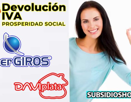 mujer haciendo el ok con su mano izquierda, y al aldos 3 losgos, el primero de devolucion del iva, el segundo es de spergiros y el tercero de daviplata. por ultimo abajo a las derecha el logo de subsidioshoy.com
