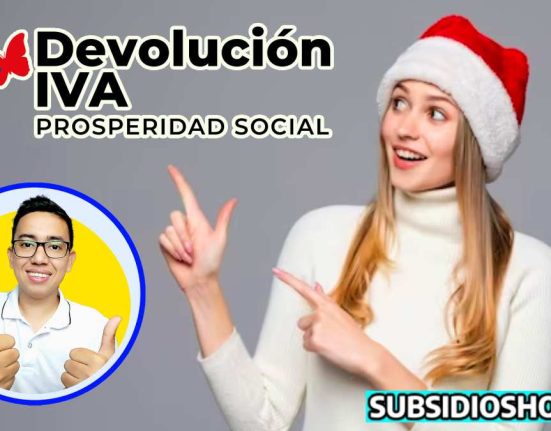 mujer con gorro navideño, señalando al logo de la devolucion del iva, abajo el logo de wintor ABC, y al lado derecho de la imagen el logo de subsidioshoy.com