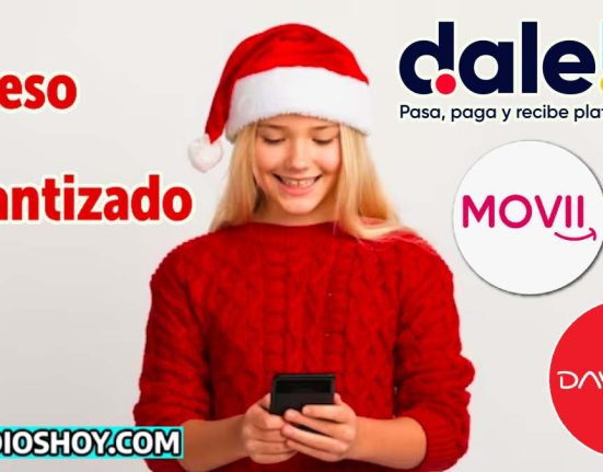 mujer joven sonriendo con celular en mano, y sus costados estan los logos de las billeteras digitales, y el logo del IMG, abajo la derecha esta el logo de subisdiohoy.com.