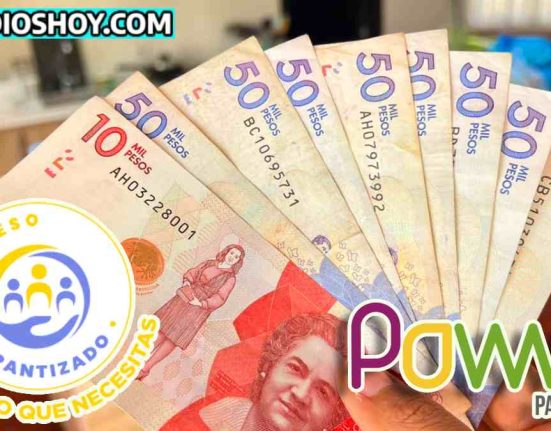 fajo de billetes con denominación de $50 mil pesos y uno de $10 mil pesos colombianos. Arriba está el logo de SubsidiosHoy.com, y abajo están los logos de IMG y Powwi.