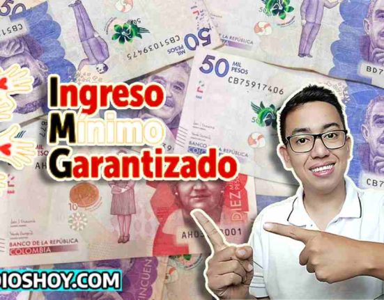 el fondo son varios billetes de dominacion de $50 mil pesos con unos de $10 mil pesos, esta el logo de subsidioshoy.com y el del ingreso minimo garantzado, tambien se ve al lider social WINTOR ABC