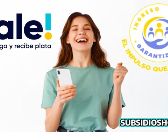 Joven alegre con celular en mano a sus costados el logo del ingreso minimo garantizado- billetera digital dale-abajo a un costado subsidioshoy.com