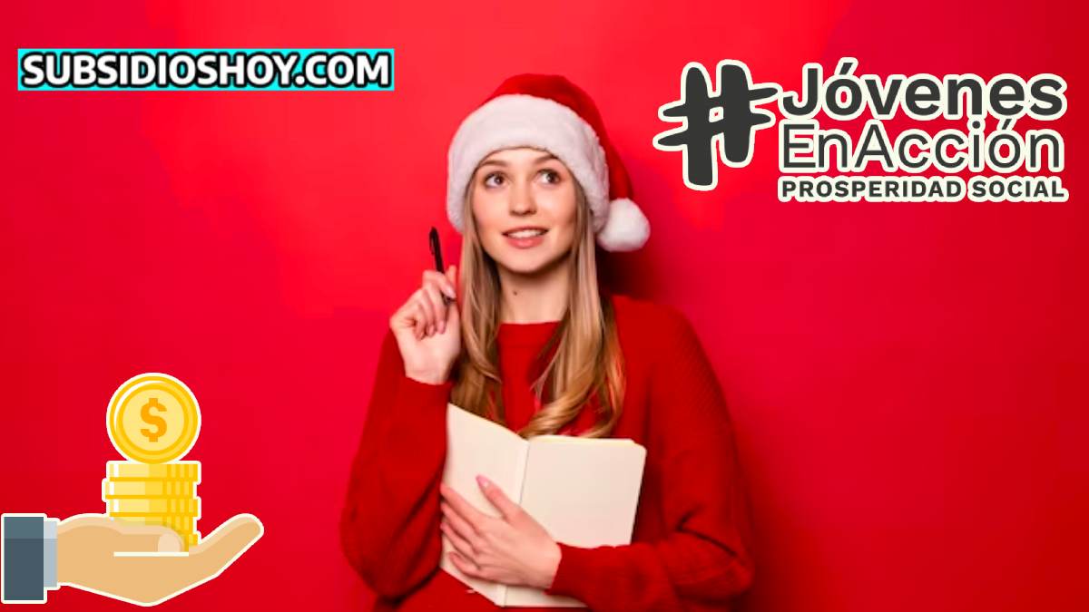 Wintor ABC: Últimos Incentivos Jóvenes en Acción, Diciembre 2023. 1 joven con libro en su mano y lapiz, a los lados estan el logo de jovenes en accion y el logo de subsidioshoy.com, abajo de la imagen esta un sticker de una mano con monedas