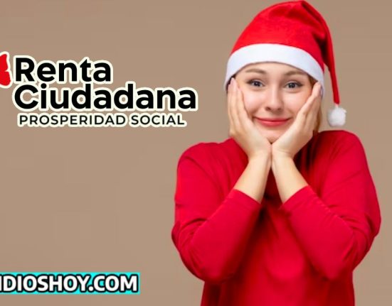 mujer joven con gorro navideño y ambas manos en la cara, a su lados esta el logo de la renta ciudadana, y abajo esta el de subsidiohoy.com