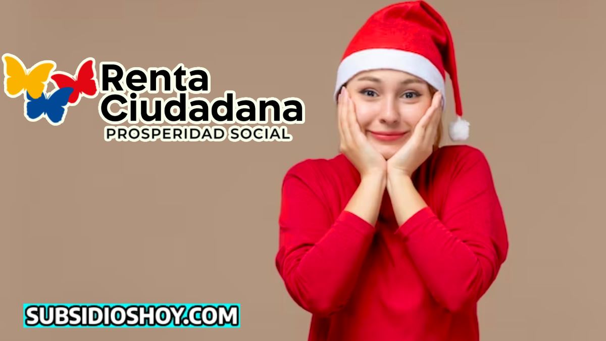 Renta Ciudadana Diciembre 2023: ¿Eres Elegible para los Próximos Pagos? 1 mujer joven con gorro navideño y ambas manos en la cara, a su lados esta el logo de la renta ciudadana, y abajo esta el de subsidiohoy.com