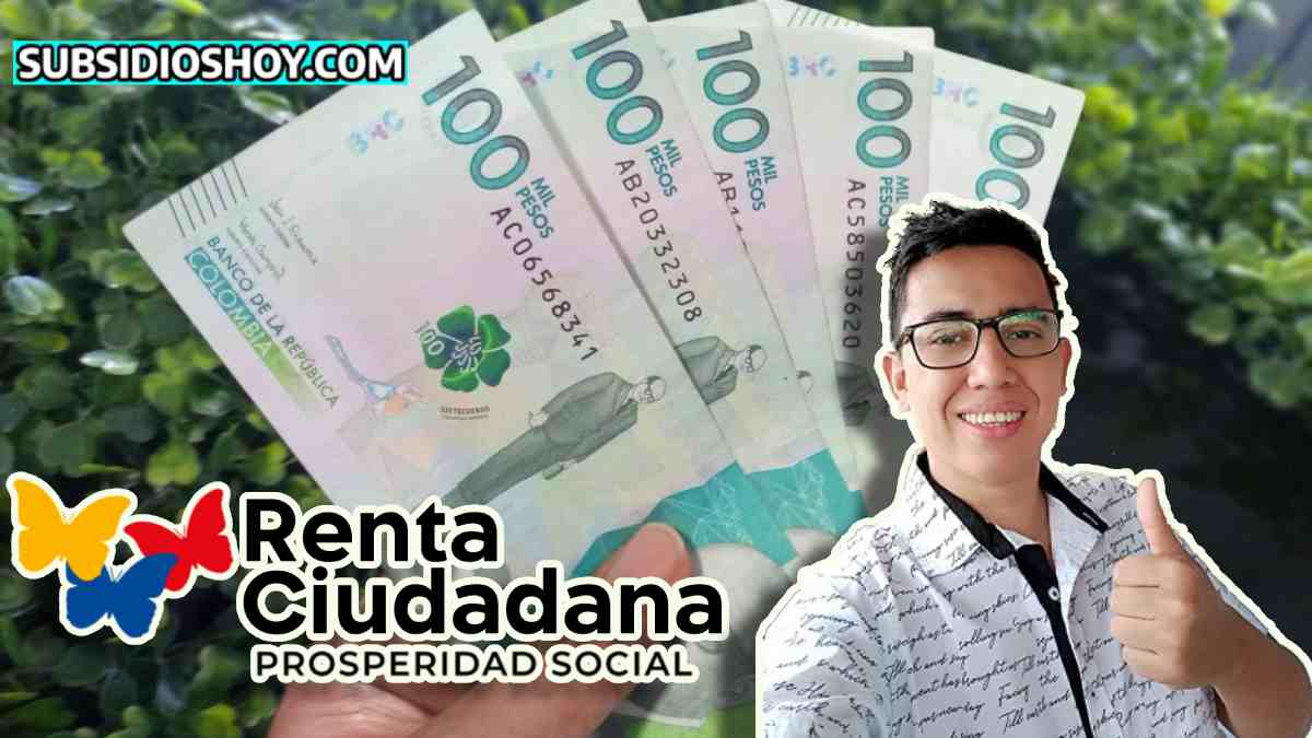 Wintor ABC: Conoce el Quinto Pago de Renta Ciudadana vía LINK Banco Agrario. 1 el fondo es un manojo de 5 billetes de $100 mil pesos colombianos, imagen del lider social wintor ABC, logo de subsidioshoy.com y de renta ciudadana