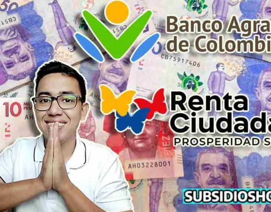 el fonde son varios billetes de dominacion de $50 mil pesos y uno que otro de $10 mil pesos colombianos, la persona que se ve es el lider social wintor ABC, a la derecha de la imagen 3 logos, empezando por el de banco agrario, luego esta el de renta ciudadana y por ultimo el de subsidioshoy.com