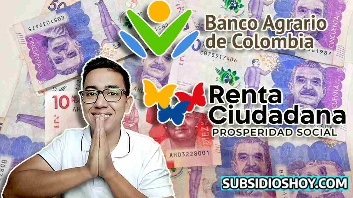 Wintor ABC informa: Pagos de la Renta Ciudadana vía Banco Agrario, Diciembre 2023. 1 el fonde son varios billetes de dominacion de $50 mil pesos y uno que otro de $10 mil pesos colombianos, la persona que se ve es el lider social wintor ABC, a la derecha de la imagen 3 logos, empezando por el de banco agrario, luego esta el de renta ciudadana y por ultimo el de subsidioshoy.com