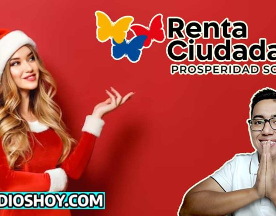 mujer joven en vestidura navideña, observando el logo de la renta ciudadana, abajo el lider social Wintor ABC, al lado iquierdo de la imagen el logo de subsidioshoy.com