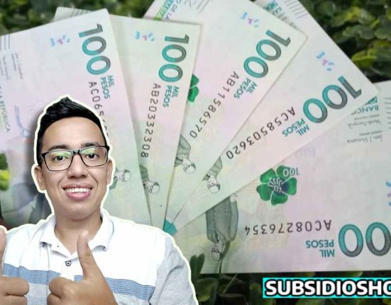 billetera con 5 biletes de $100 mil pesos colombianos, imagen del lider social wintor ABC, y aajo a la derecha el logo de subsidioshoy.com