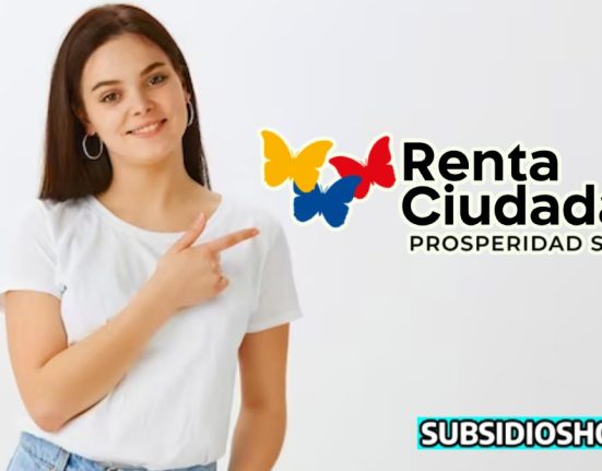mujer joven señalado el logo de la renta ciudadana, abajo esta el logo de subsidioshoy.com