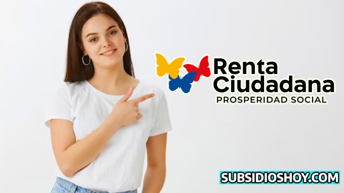 Impacto de la Renta Ciudadana de Prosperidad Social en Hogares Colombianos, Diciembre 2023. 1 mujer joven señalado el logo de la renta ciudadana, abajo esta el logo de subsidioshoy.com