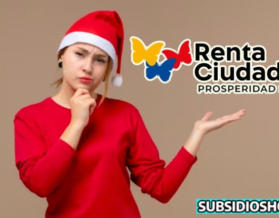 mujere con gorro navideño pensando y una mano sosteniendo el logo de la renta ciudadana y abajo el logo de subsidioshoy.com