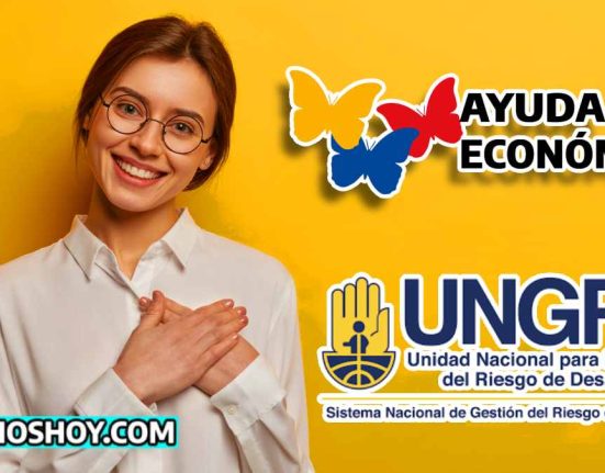 mujer joven con mano en el corazon en la parte inferior el logo de subsidioshoy.com. a la derecha la imagen dos logos el de ayuda ecnomica y el de UNGRD