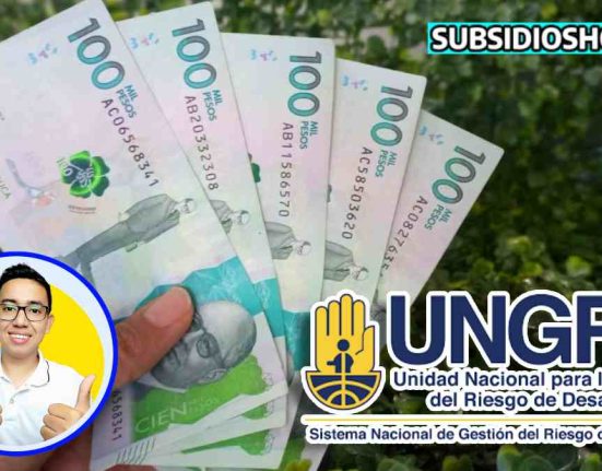 imagen con 5 billetes de $100 mil COP, logo de UNGRD, arriba a la derecha el logo de subsidioshoy.com, al otro costado pero en la parte inferior el logo del lider social wintor ABC