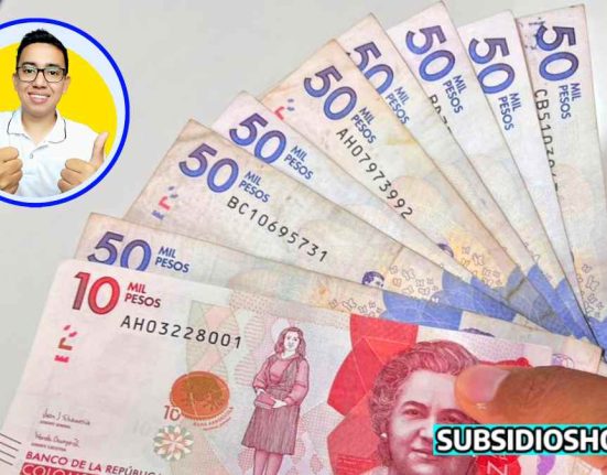 fajo de billetes de $50 mil pesos colombianos y uno de $10 mil pesos, logo de lider social Wintor ABC, y abajo a la derecha el logo de Subsidioshoy.com