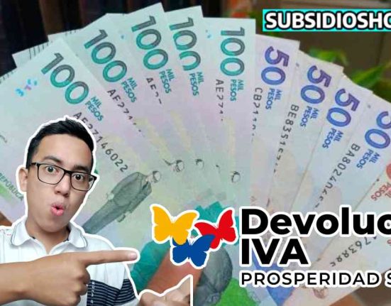 imagen de fondo de billetes colombianos, imagen de lider social intor ABC, logo de devolucion del iva y arriba a la derecha el logo de subsidioshoy. com