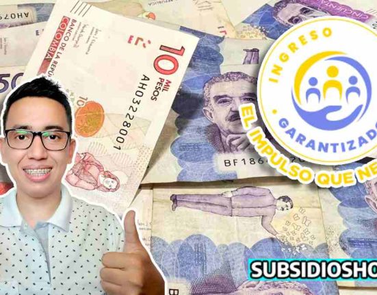 imagen de fondo de varios billetes de $10 mil como de $50mil pesos colombianos, a la izquierda la imgane del lider social wintor ABC. a la derecha dos logos el de ingreso minimo garantizado y de subsidioshoy.com