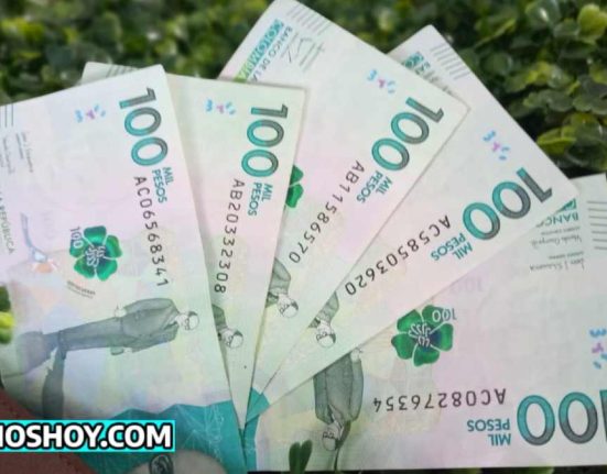 5 billetes de $100 mil peso colombianos, abajo el logo de susidioshoy.com