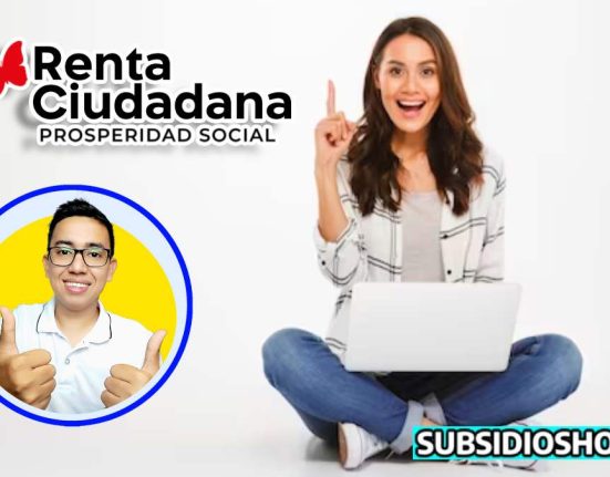 Mujer sentada con portatil en mano, al rededor el logo de renta ciudadana, el logo del lider social wintor ABC, luego esta el logo de subsidioshoy.com