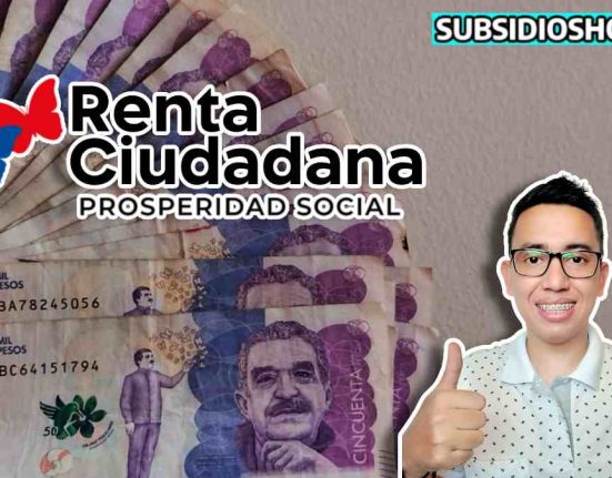 De fondo varios biletes de $50 mil pesos colombianos,, luego esta el logo de renta ciudadanda , arriba a la derecha el logo de subsidioshoy.com y abajo una imagen del lider social wintor ABC