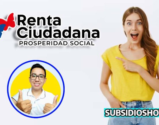 mujer joven señalando al logo de la renta ciudadana, abajo esta el logo de lider social wintor ABC, abajo a la derecha el logo de subsidioshoy.com