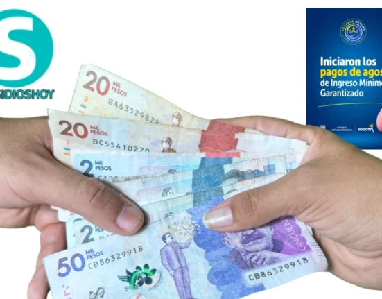 Imagen de dinero colombiano, manos humanas, logo de subsidioshoy y imagen de pagos