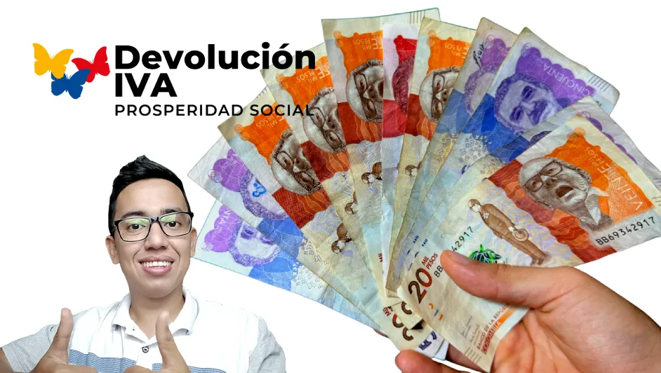 Consulta con tu Cédula: Pagos de la Devolución del IVA en Septiembre 2024 1 contiene dinero colombiano, logo del IVA y cara de Wintor abc